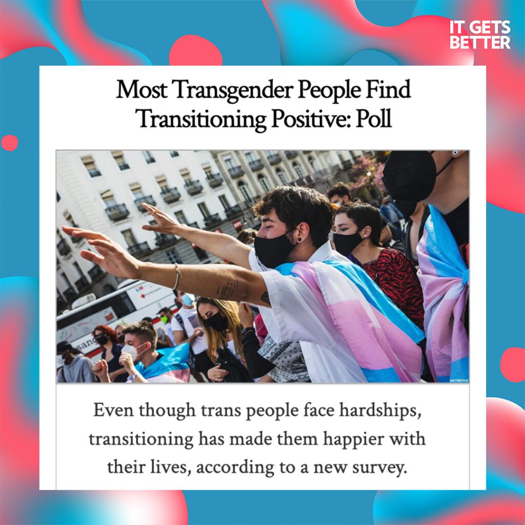 Screenshot of an article with the title: "Most Transgender People Find Transitioning Positive: Poll", subtitle reads: "Even though trans people face hardships, transitioning has made them happier with their lives, according to a new survey." pictured is a group of people gathered outside wearing masks, all facing left, and several wearing trans flags, focus is on one person in the foreground raising their hands